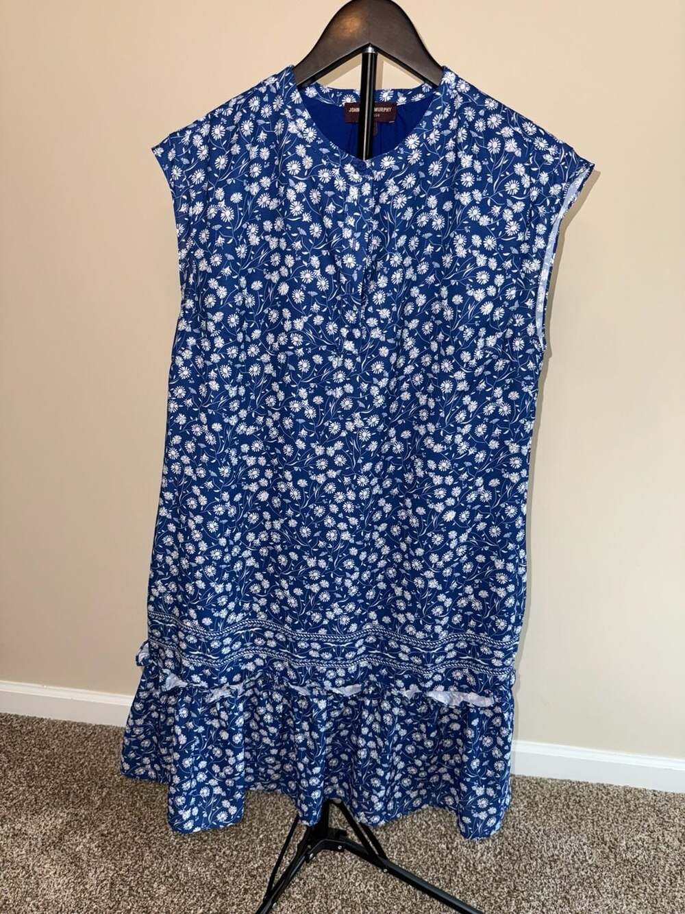 Johnston & Murphy Blue Floral Sleeveless Ruffle Hem Dress